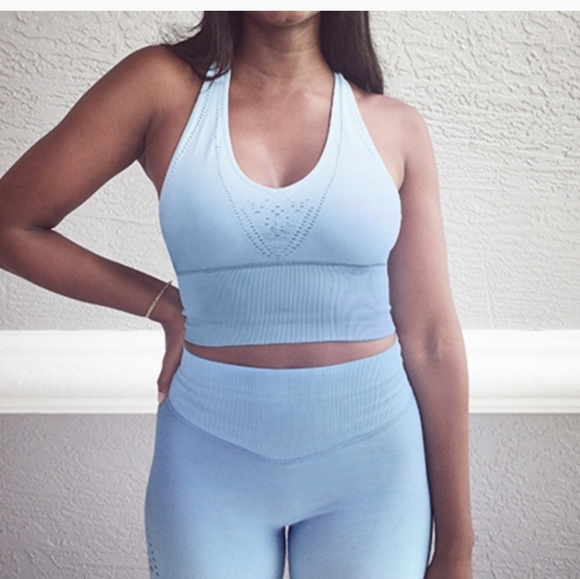 NWT, VICTORIAS SECRET PINK SEAMLESS SPORTS CROP Icy Blue Topaz, SM - Picture 4 of 11